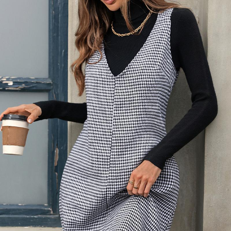 YYFS Women's Fashion Fall Winter Houndstooth Print Sleeveless V-Neck Middle Waistline Casual Dresses