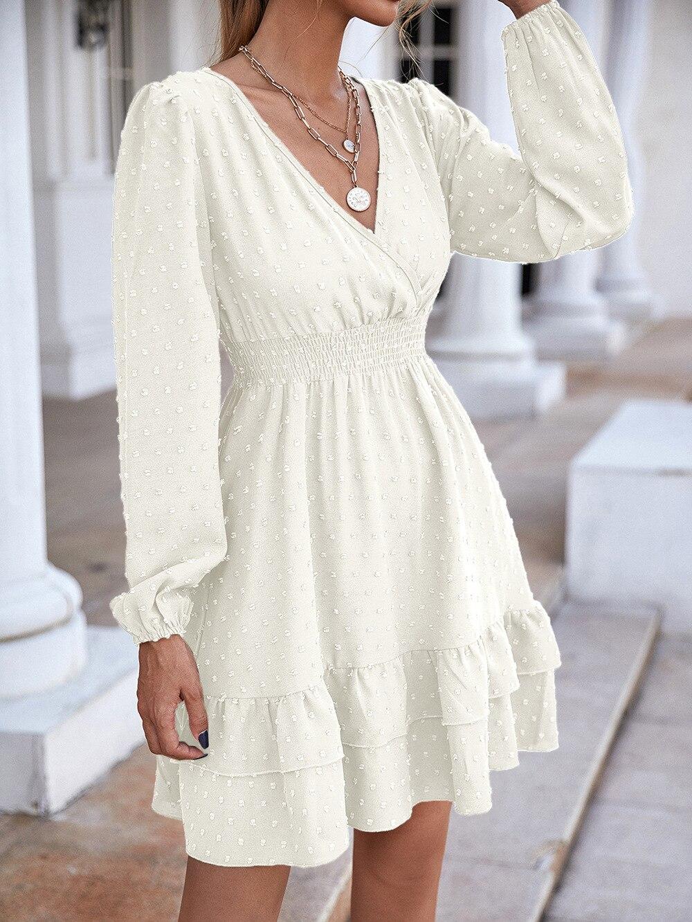 

Белое платье трапециевидной формы с высокой талией, женское летнее платье с рукавами-фонариками и v-образным вырезом, женское платье, повседневное модное платье в горошек с оборками, халат 24888 L орион