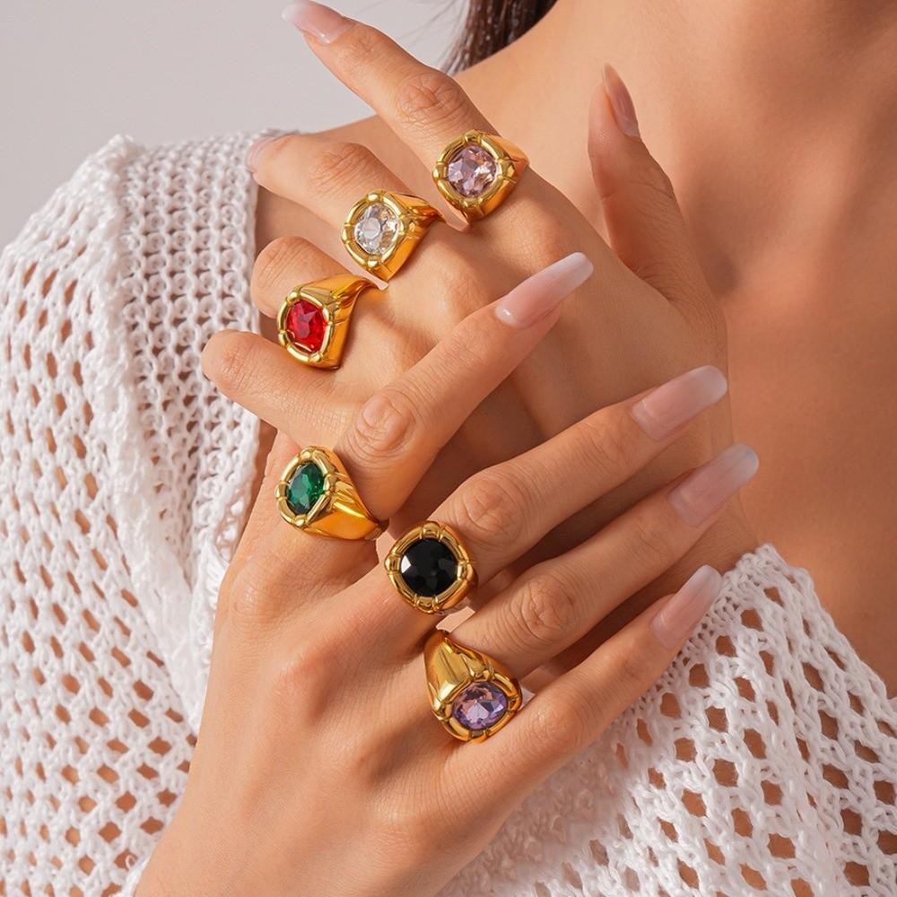 Stainless Steel Square Crystal Ring Zircon Exaggerated Ring  Gift for Girlfriend