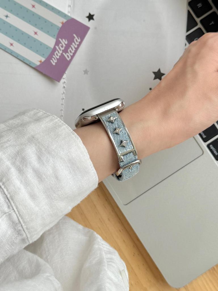 Starry Denim Leather Strap for Apple Watch 11, iWatch 109876E, Huawei GT6, and Xiaomi 9 Pro.