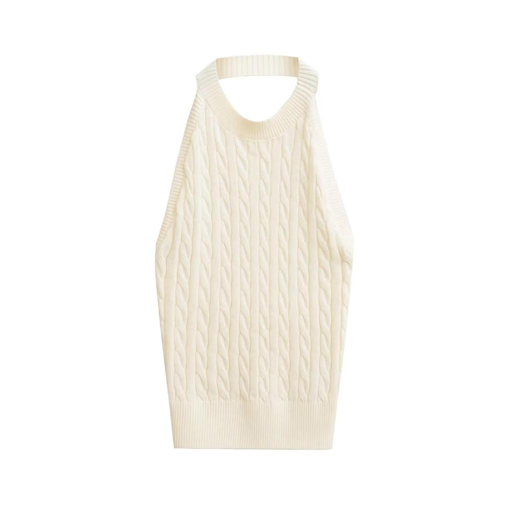 Spicy Retro Cable Knit Halter Backless Tank - Women's Autumn/Winter Slim Fit Sleeveless Top
