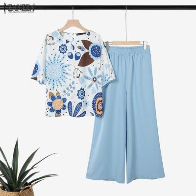 Women Half Sleeve Print Blouse and Pants Casual Two Piece Suit Sets