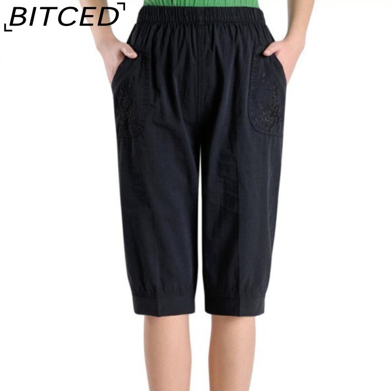 BITCED Summer Women Elastic Waist Straight Trousers Middle Age Older Women High Waist Straight Pants Washed Cotton Cropped Plus Size Pants