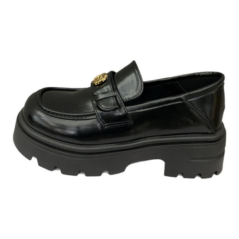 Thick-soled version! Small gold coins increase height, thick heels, small leather shoes, women's spring and autumn versatile black one-pedal loafers