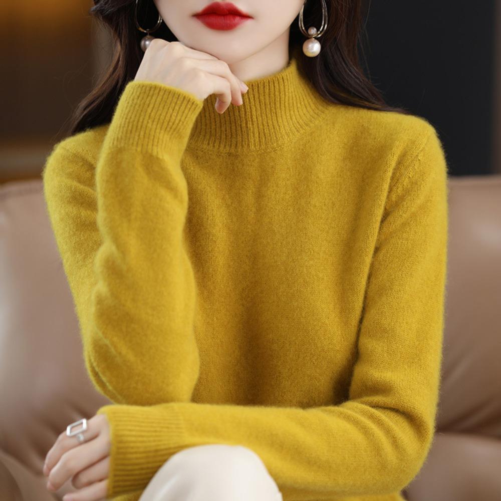 Autumn Winter Sweater Women Half High Neck Long Sleeve Top Loose Slim Versatile Pullover Knitwear Casual Knitted Jumper