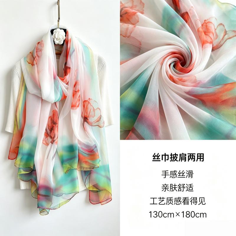 Summer new soft yarn silk scarf large size printed beach scarf rose travel vacation sunscreen scarf spot