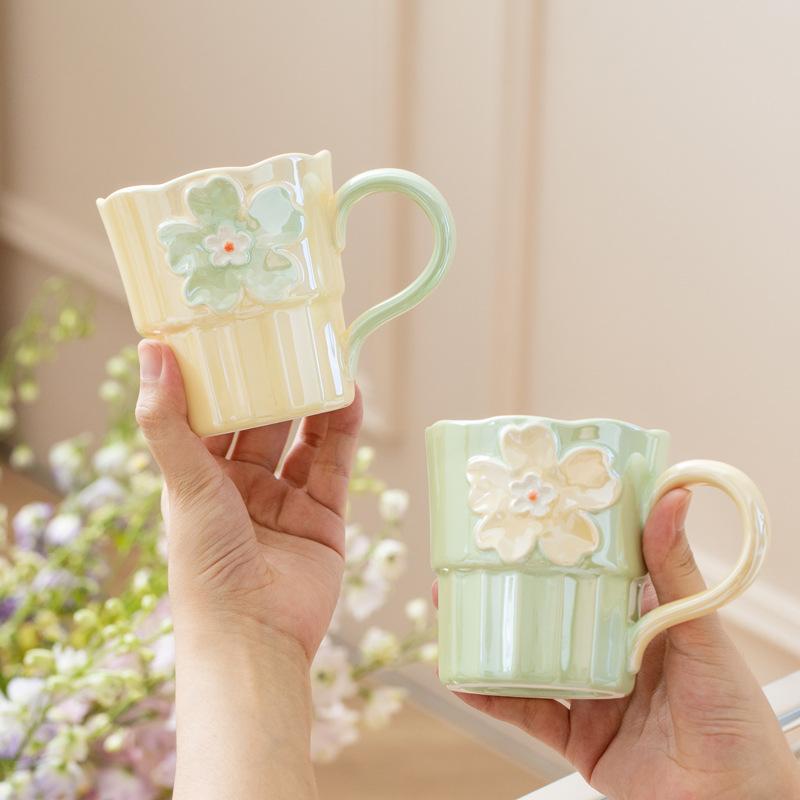 Pearl Glaze Hand-painted Relief Mug Home Office Light Luxury High-end Ceramic Water Cup High Value Cross-border Cup