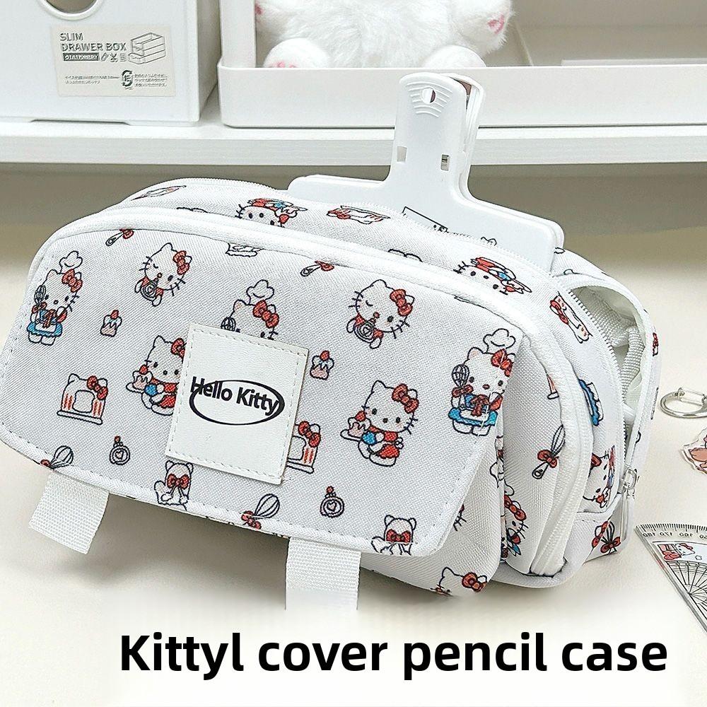 Hello Kitty And Capybara Canvas Storage Bag With Flip Cover For Stationery And Office Supplies