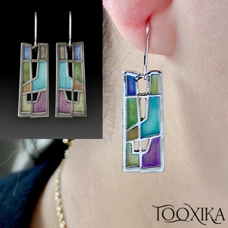 

Tooxika Vintage Oxidized Silver Opal Enamel Earrings Handmade Creative Colorful Mosaic Earrings