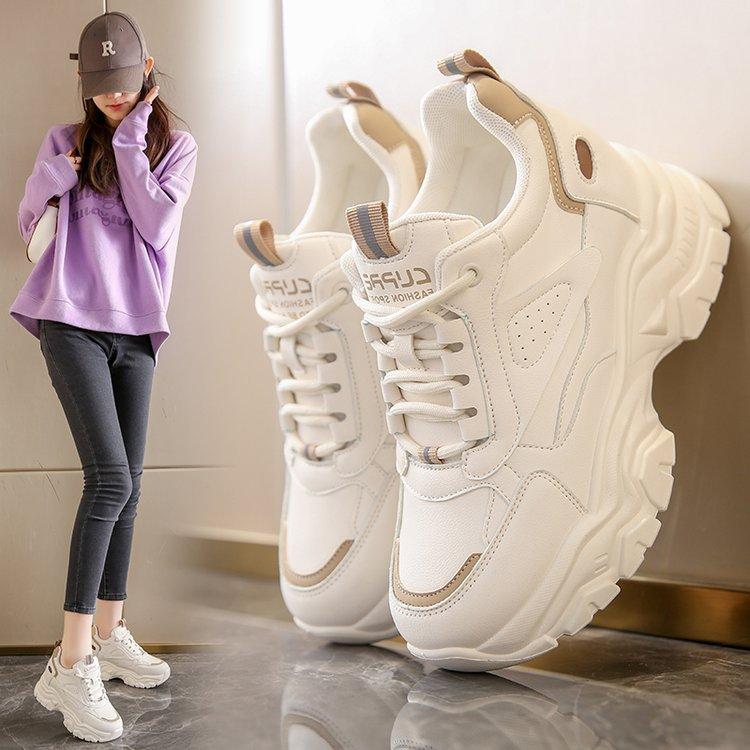 Shoes Women's Spring and Autumn New Leather Sports Casual Shoes Platform-soled Lace-up Student High-heeled Single Shoes