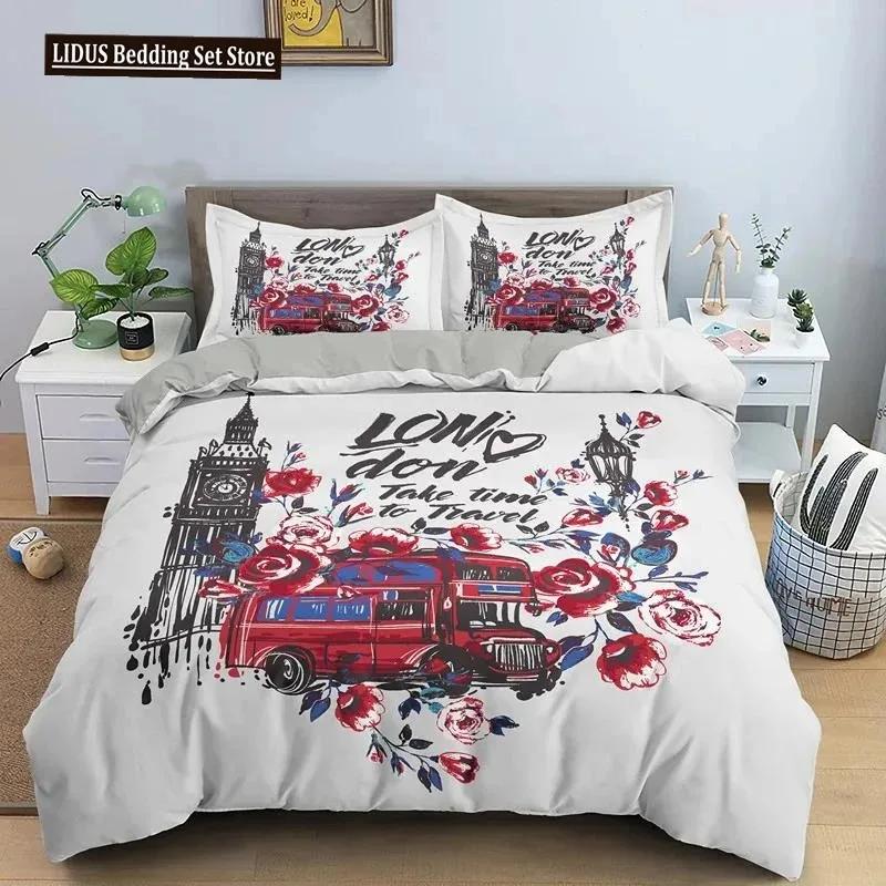 UK London Style King Queen Duvet Cover British Elements Bedding Set for Teens Adults London Bridge Big Ben Polyester Quilt Cover