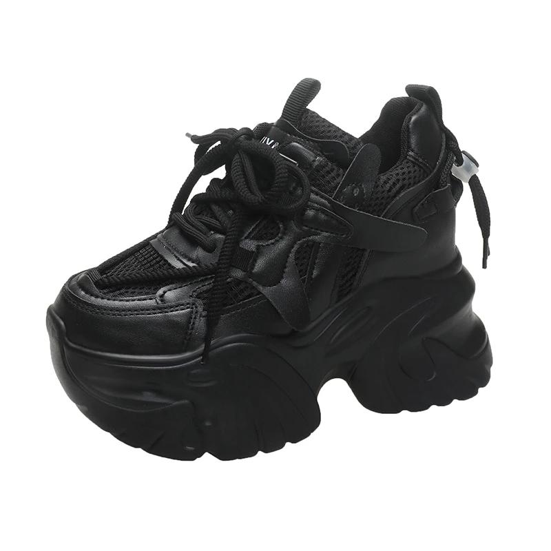 Fashion 9.5cm Autumn Spring Chunky Sneakers Women Lace Up Non-slip Platform Sports Shoes Thick Bottom Shoes Female Heels Casual Sneakers