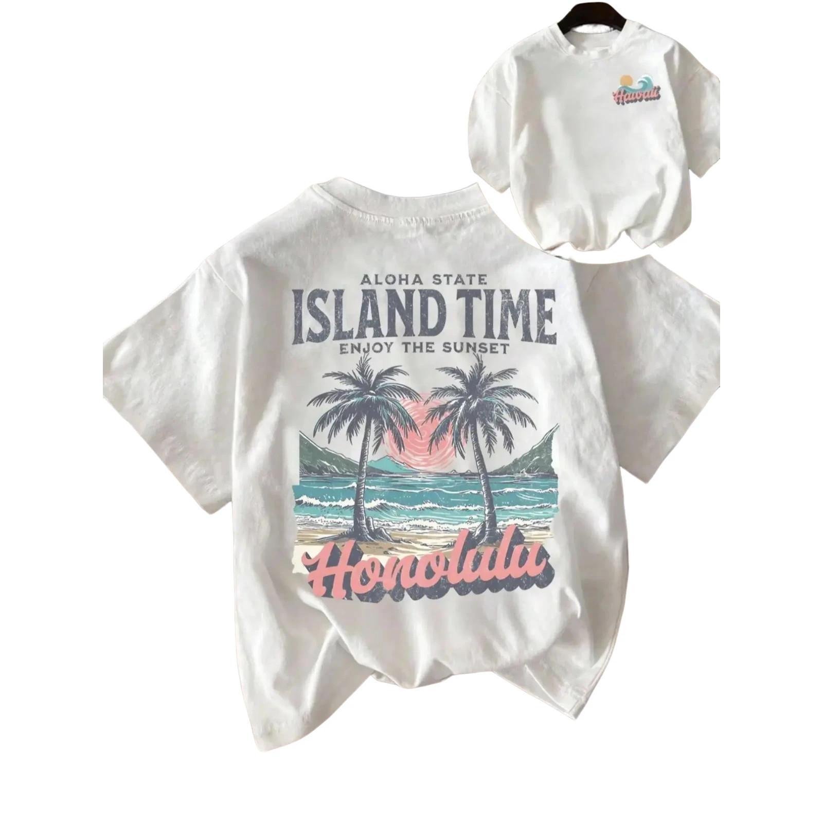 100% Cotton Women s Casual Loose Fit Round Neck T-Shirt, Tropical Coconut Tree B L
