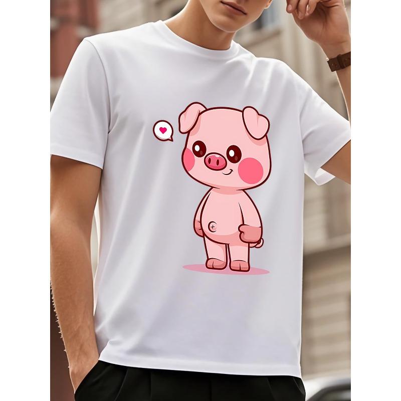 Men'S Cute Cartoon Pig Print T-Shirt - Casual Short Sleeve Tee with Pink Heart Design, Soft & Comfortable for Spring, Summer, and Fall