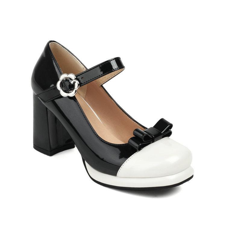 Chunky Heels Lolita Women Pumps Shoes Sweet Bowknot Mixed Color Vintage Mary Jane Shoes Patent Leather Platform Pumps Size 34-43