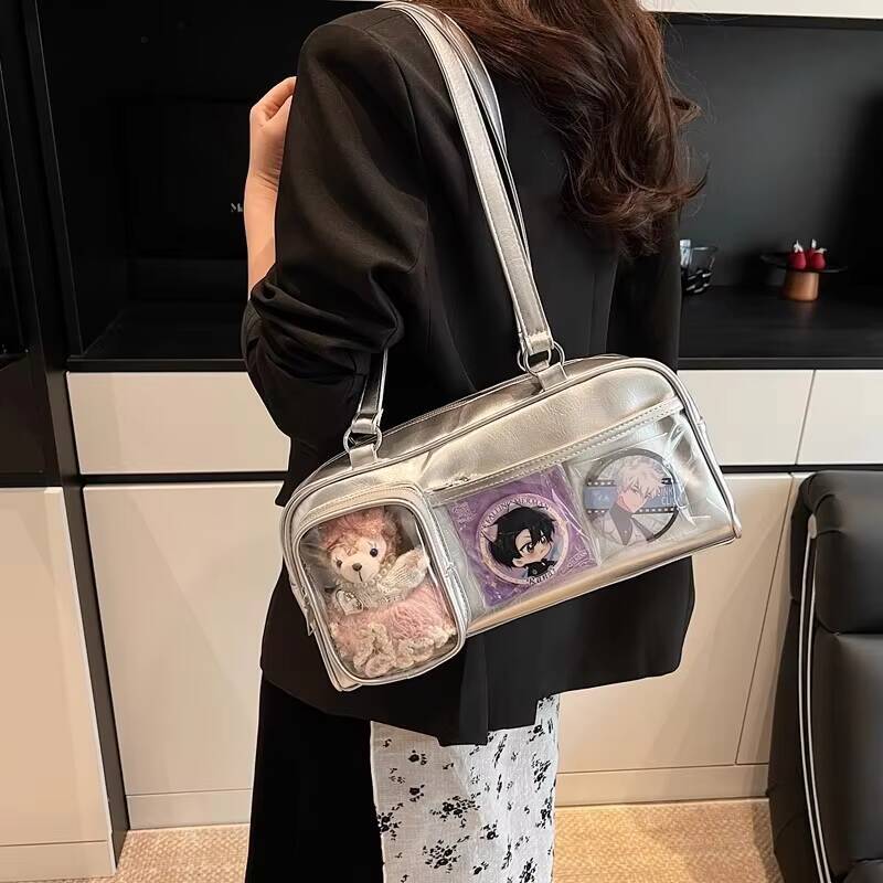 New Y2K Cute Ita Bag Large Capacity Fashion Shoulder Bag Lolita Girls Transparent Cosplay Underarm Bag DIY Badge Display Handbag