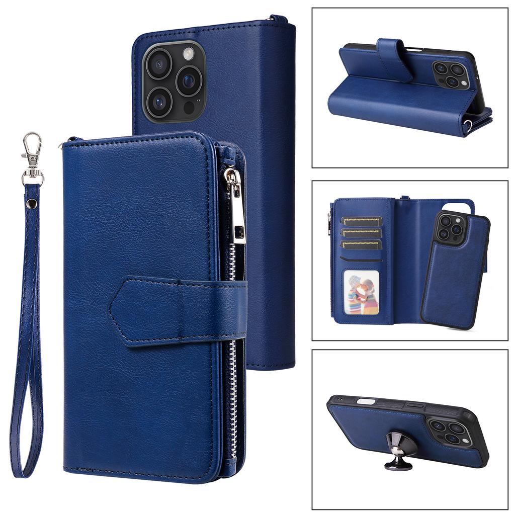 For iPhone 16 Pro Max Magnetic Leather Case Mobile Cover with Detachable Zipper Wallet Strap