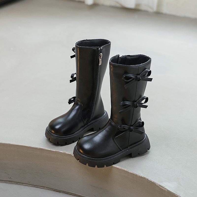 

Children Knee Length Boots Autumn British Girls Princess Boots Kids Zipper Comfortable Non Slip Bowknot Long Boots 26 чёрный