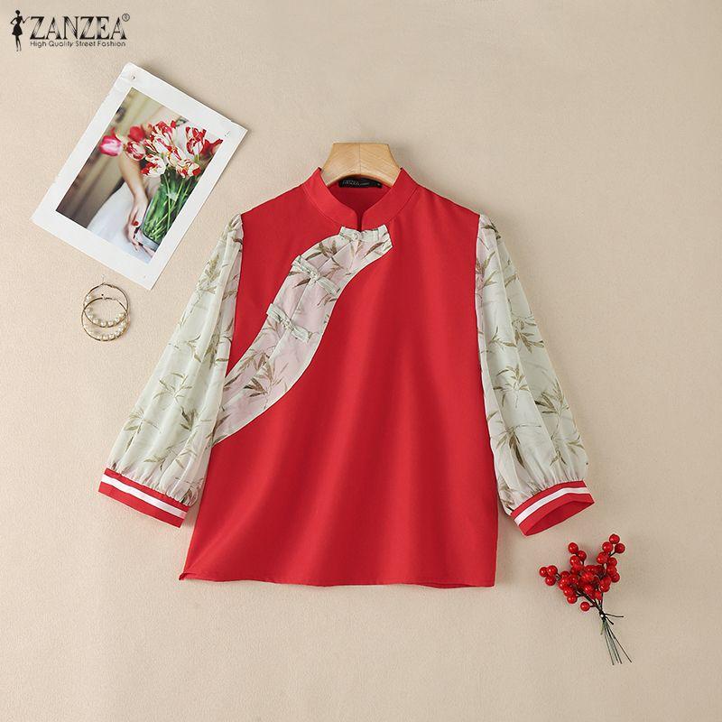 ZANZEA Women Casual Splice 3/4 Sleeve Stand Collar Loose Blouse