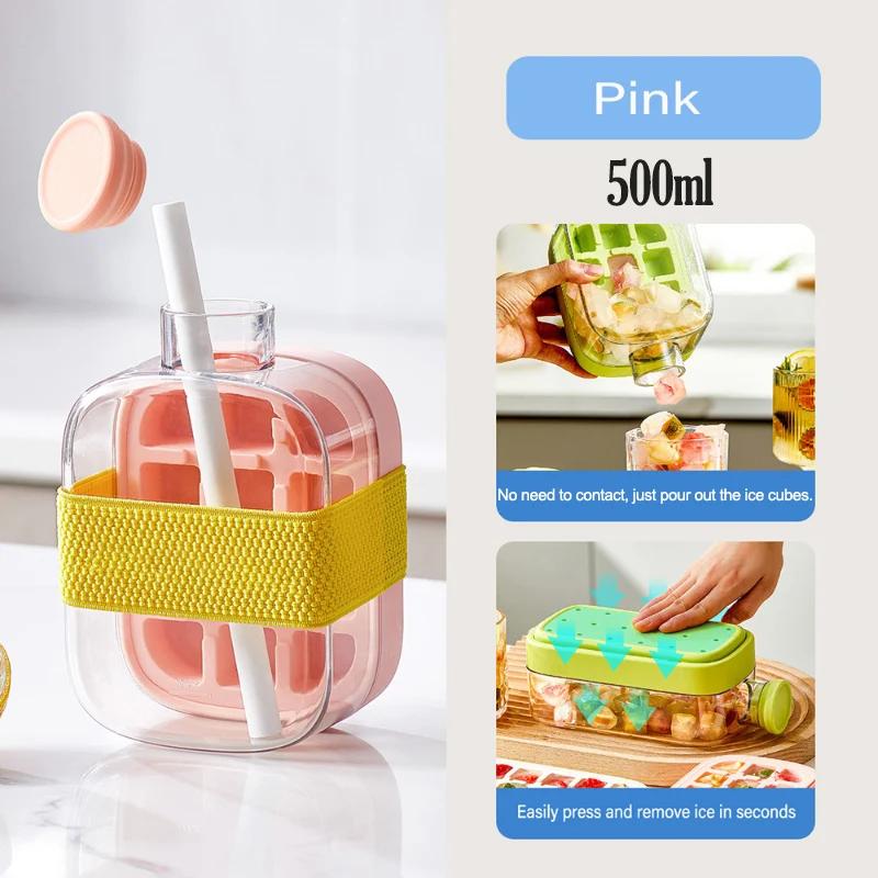 2-in-1 Portable Ice Cube Maker Cold Water Bottle with Straw Silicone Ice Cube Tray Easy Press Demould Zero Contact Ice Cube Mold