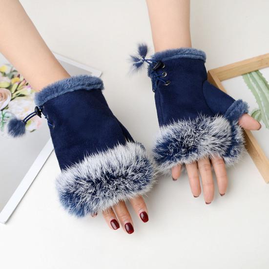 Women Fingerless Gloves Winter Suede Faux Fur Gloves Warm Fuzzy Half Finger Mittens for Women Girls Teens Writing Typing