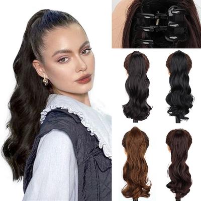 Fibra Sintética Extensión de Cola de Caballo con Pinza de 18 Pulgadas Cola de Caballo Larga Rizada Ondulada Natural Suave Extensión de Cabello con Clip Postizo Sintético para Mujeres
