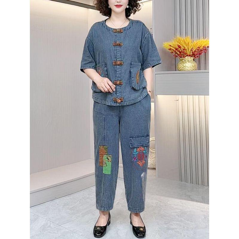 

Washed Denim Cotton Fashion Middle-Aged and Elderly Set 2025 Summer New Z Western Style Plus size Middle-aged Women Dress Two-piece Set Suit L (Recommendation 65.00 kg-75.00 kg
