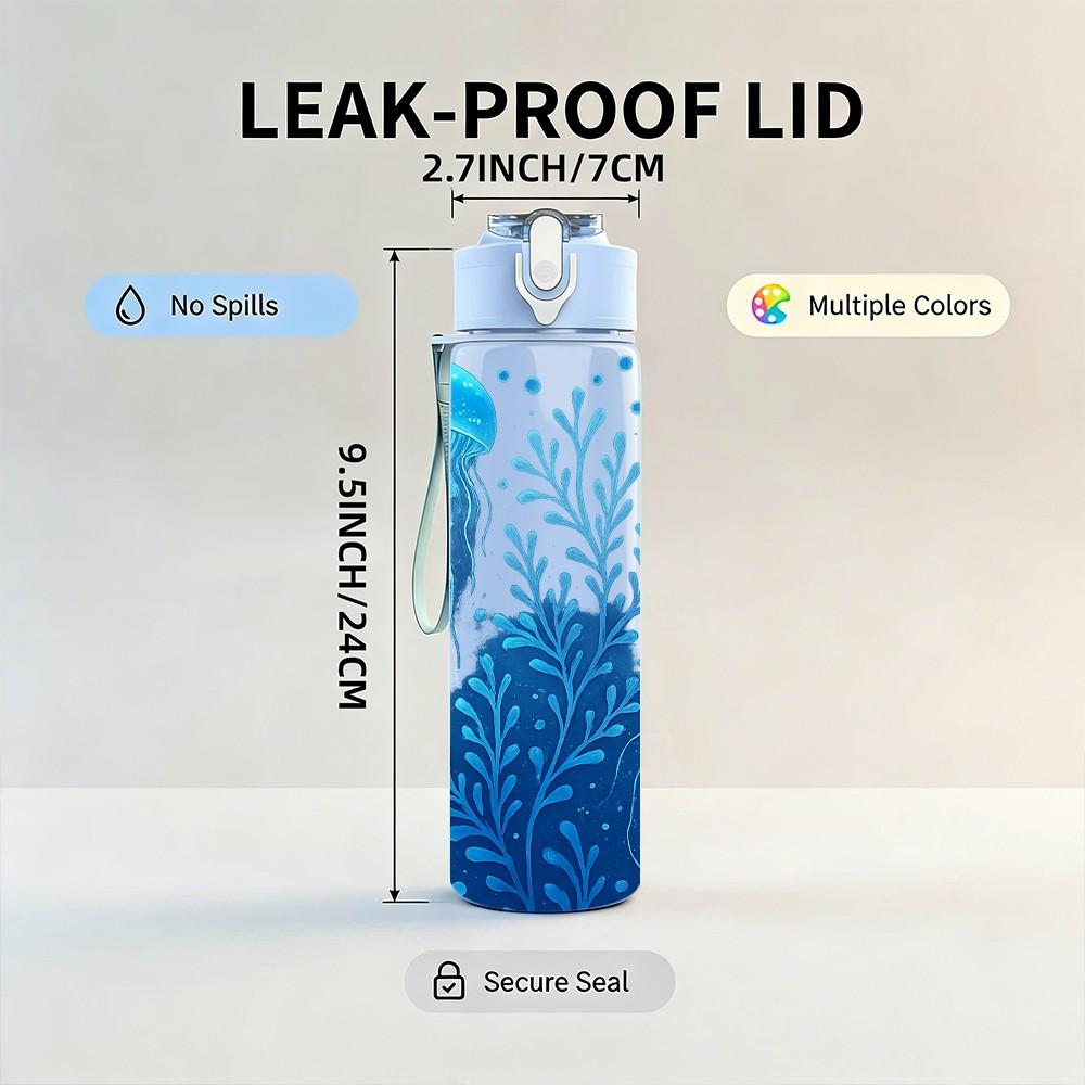 1PC Blue Jellyfish Coral Ocean Scene Print 750ml Color Plastic Sports Water Bottle Leakproof Flip Straw Lid Suitable for Sports Office Home Use