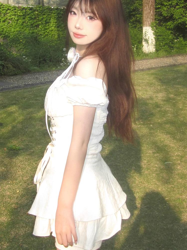 Y2k Kawaii roztomilé obvazové mini šaty sladké dívky japonské Harajuku dort párty krátké lolita šaty módní