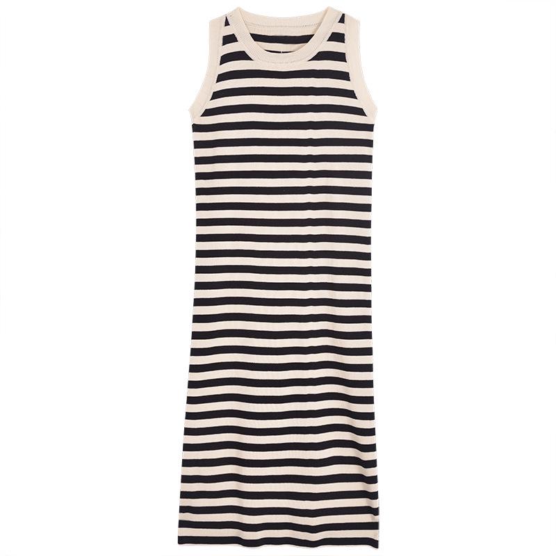 

2025 Summer Petite French Striped Slimming Knit Vest Dress One Size (up to 125 lbs)