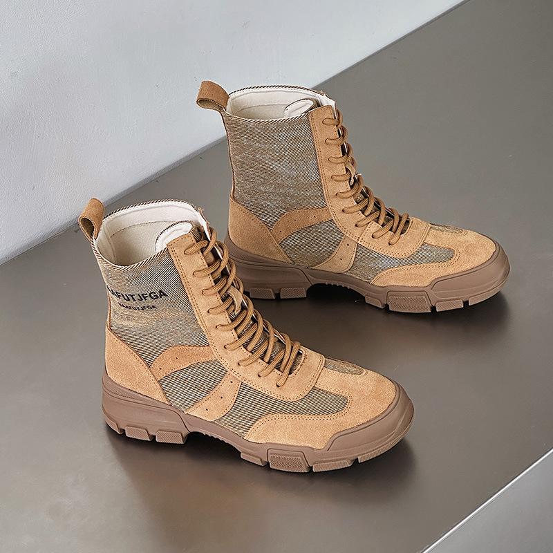 

High-top canvas Martin boots women s new summer thin leather hiking shoes inner heightening desert short boots 44 коричневий