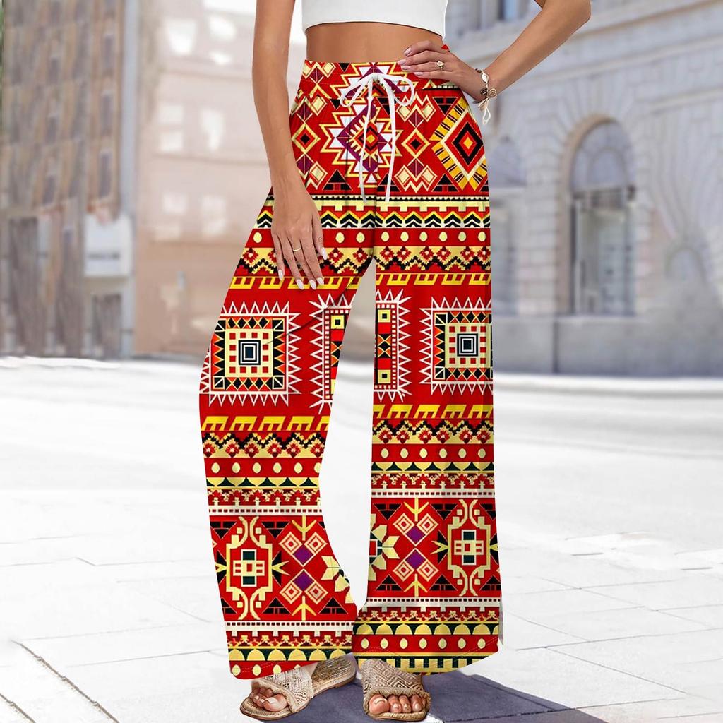 Dámské potištěné kalhoty s širokými nohavicemi s kapsami Vysoký pas Stahovací šňůrka Volné ležérní kalhoty