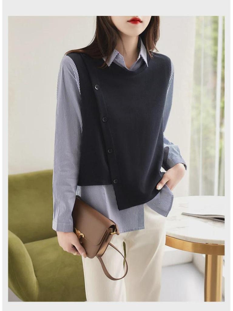 Women's Long Sleeve Striped Knitted Two-in-One Loose Top