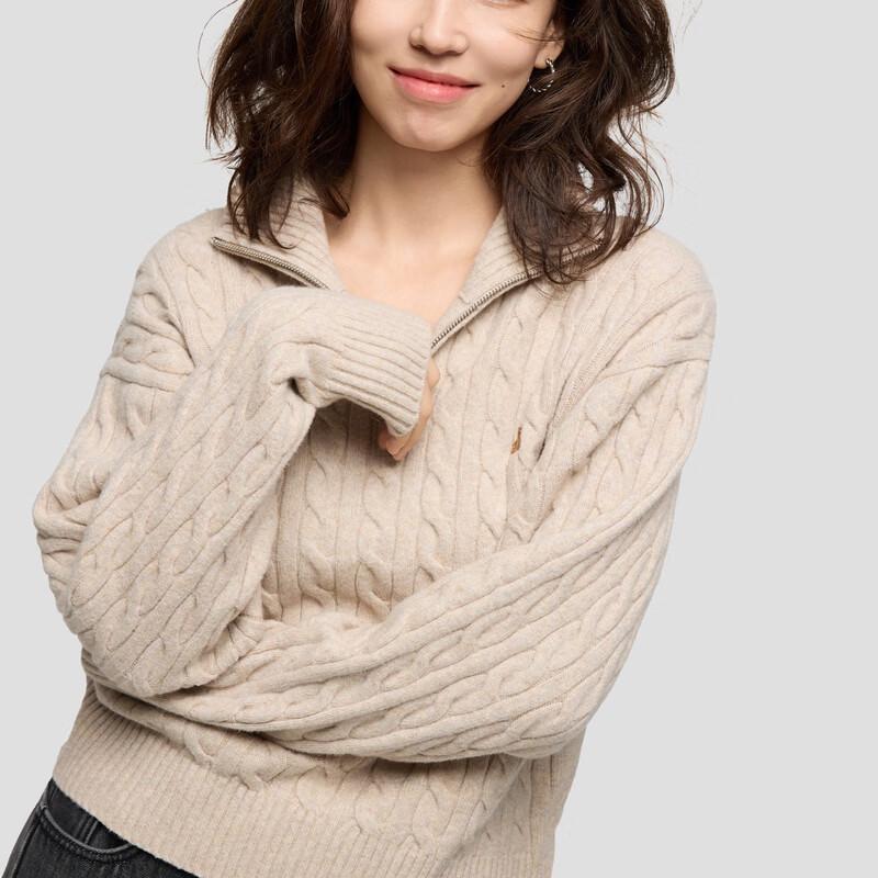 GAP Women's Bear Embroidery Zip Stand Collar Cable Knit Sweater