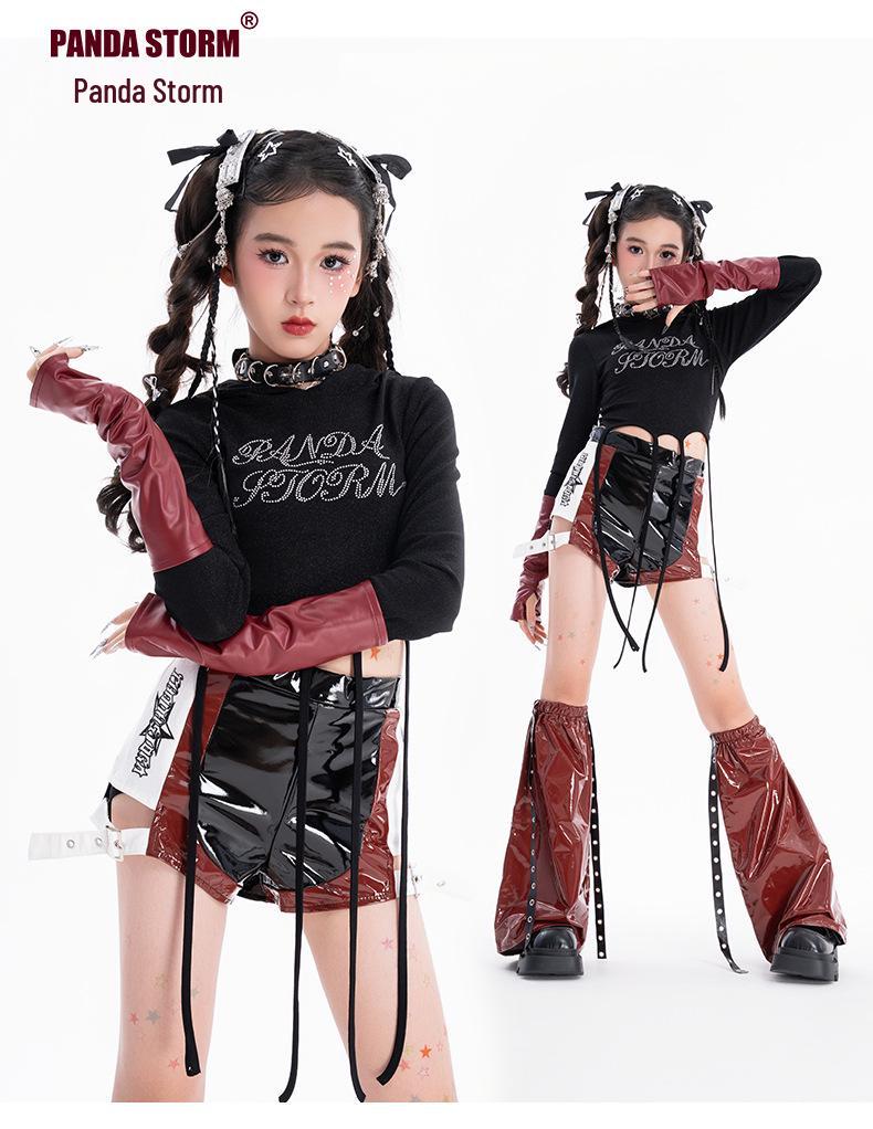 Dziewczęcy strój do tańca jazzowego z cyrkoniami - Zestaw koszulki z długim rękawem i spodni do tańca ulicznego i na występy