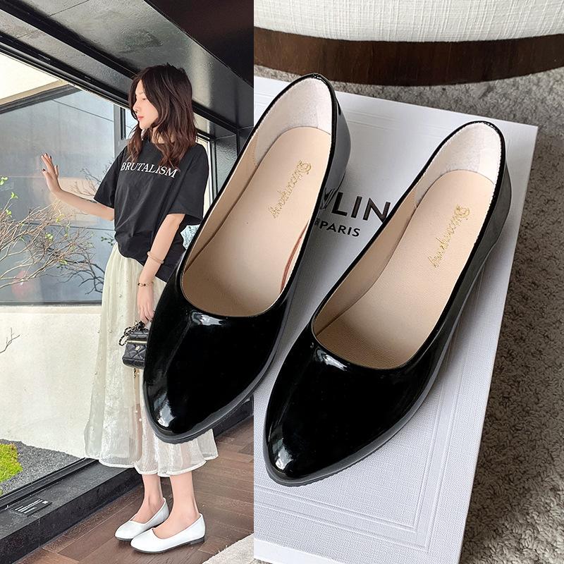 Large size thick heel single shoes women's spring new round head flat shoes women's one-pedal black single shoes women