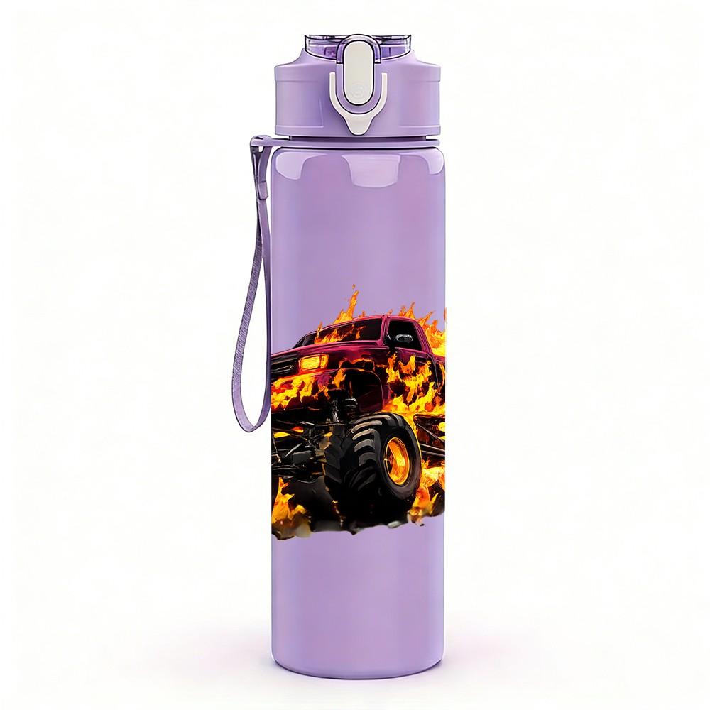 1PC Burning Fire Monster Truck Print 750ml Color Plastic Sports Water Bottle Leakproof Flip Straw Lid Suitable for Sports Office Home Use
