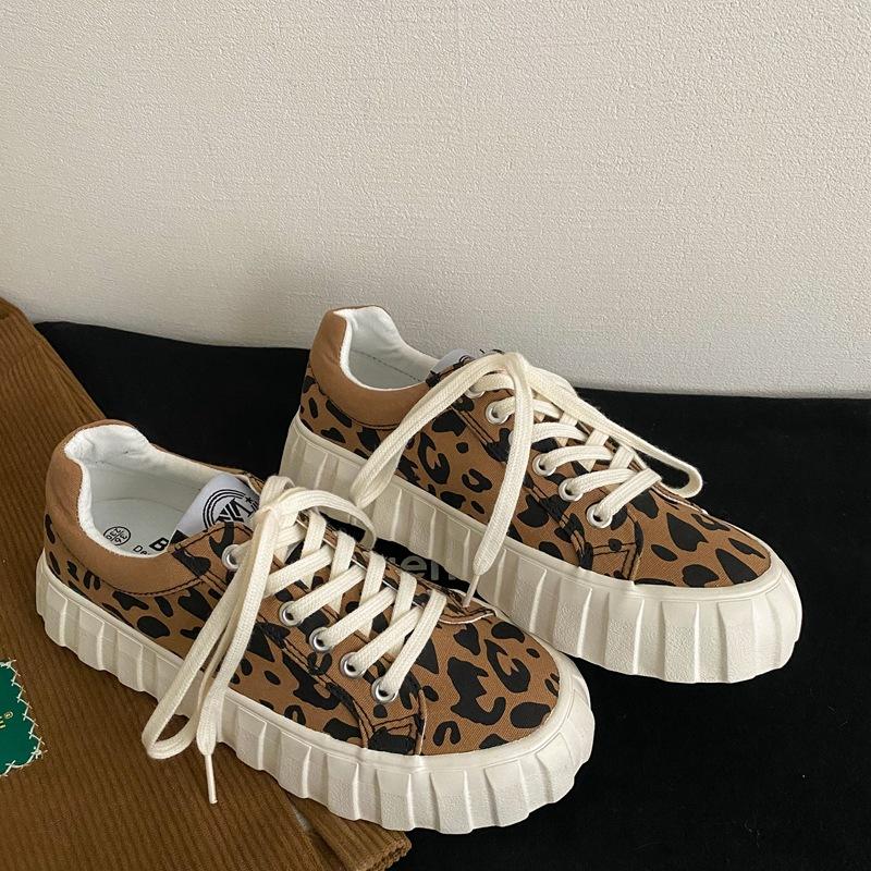 

2021 весенняя модная парусиновая обувь с леопардовым принтом, женская повседневная обувь на плоской подошве, дышащая обувь для бега 35 коричневый