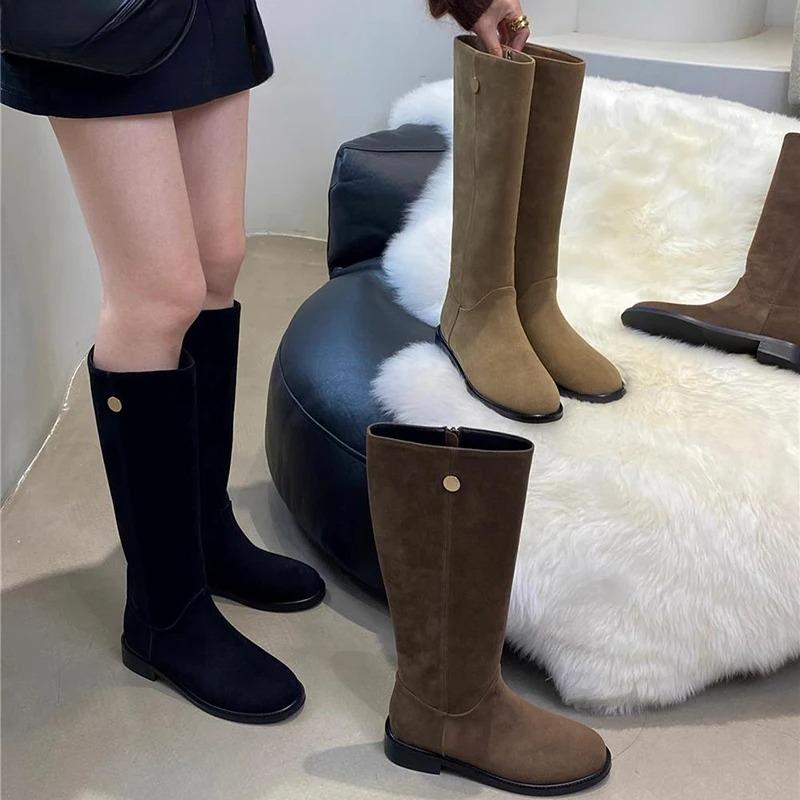 Vintage Low Heels Women Western Cowboy Boots Fashion Ladies Suede Modern Knight Long Booties Botas De Inverno Feminina