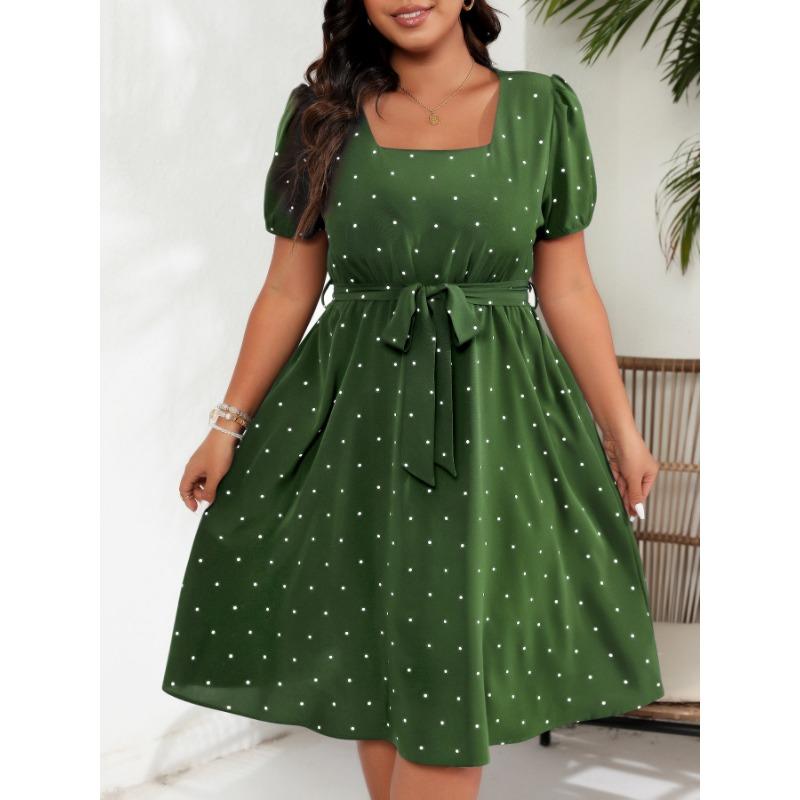 Plus Size Women's Elegant Vintage Polka Dot Waist Tie Square Neck Hem Dresses