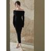 Black Skinny Sexy Shoulder Knitted Fashion Slim Fit Hip Wrap Premium Temperament Dress