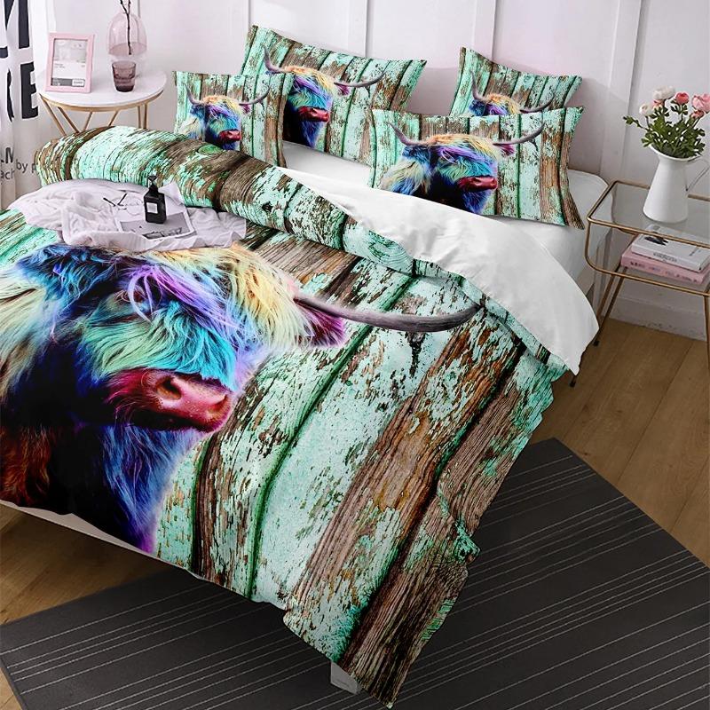 Colored Wool Horse Comforter Cover Set Bedding 3D Print Wood Planks, Green Paint Retro Background Wall Duvet Cover +Pillowcase