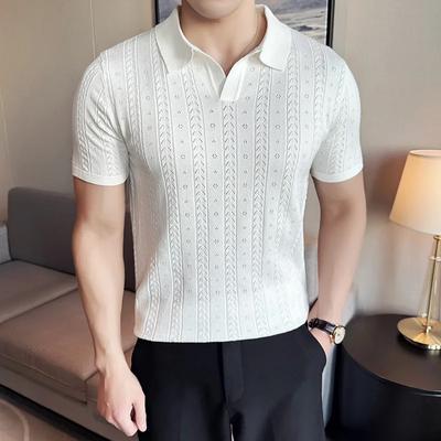 Polo de Verão Masculino com Decote em V Jacquard Listrado Vazado Cor Sólida Casual Manga Curta Camiseta Tricotada Roupas Masculinas