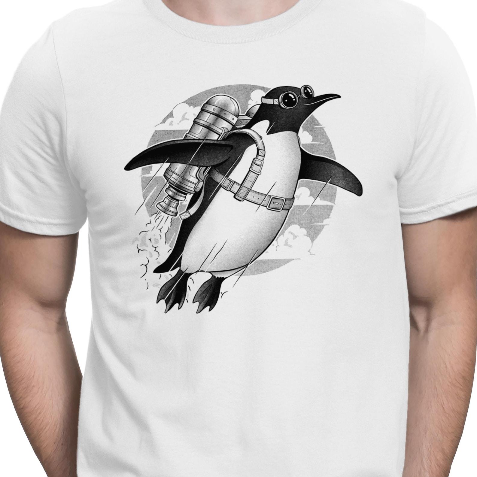 Ironic Flying Penguin Jetpack T Shirt Cute Animal Humor Tee Penguin Lovers Aviation T-shirt 2XL