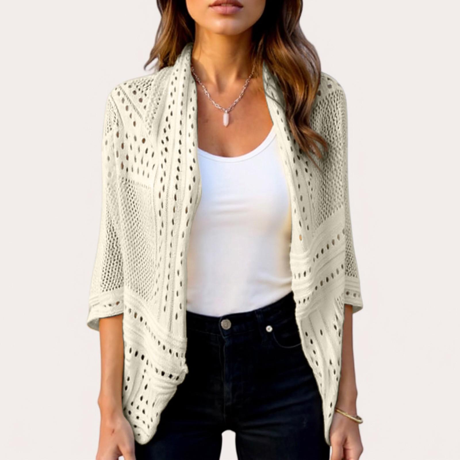 

Вязаный цельный топ-кардиган с полурукавами и ажурным узором для девочек S бежевый