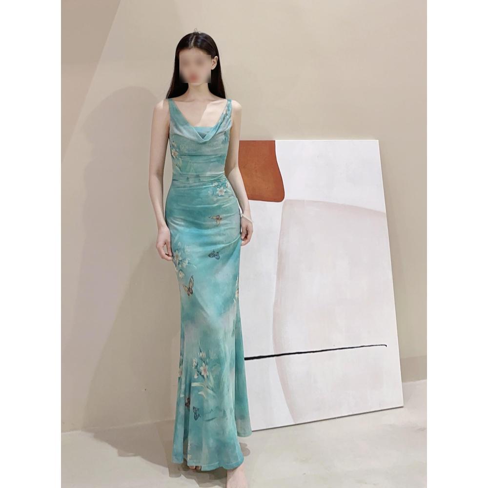 Butterfly Print Swing Collar Suspender Dress Women's Summer Slim Waist Fishtail Dress Spice Girl Vacation Hip Skirt