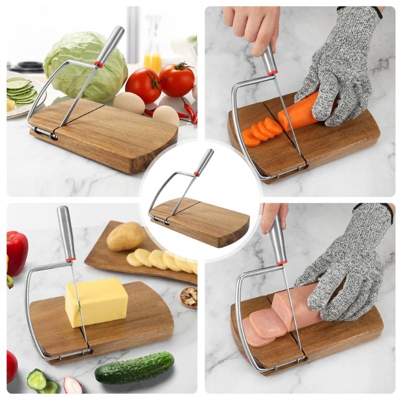 Wooden Cheese Cutter Board with Steel Blade Multipurpose Butter Bread Food Slicer for Culinary Enthusiasts and Chefs