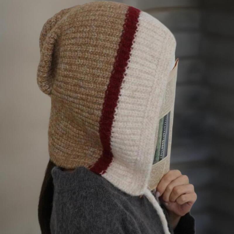 Women's Two-tone Hooded Wool Knit String Hat Baraklava
