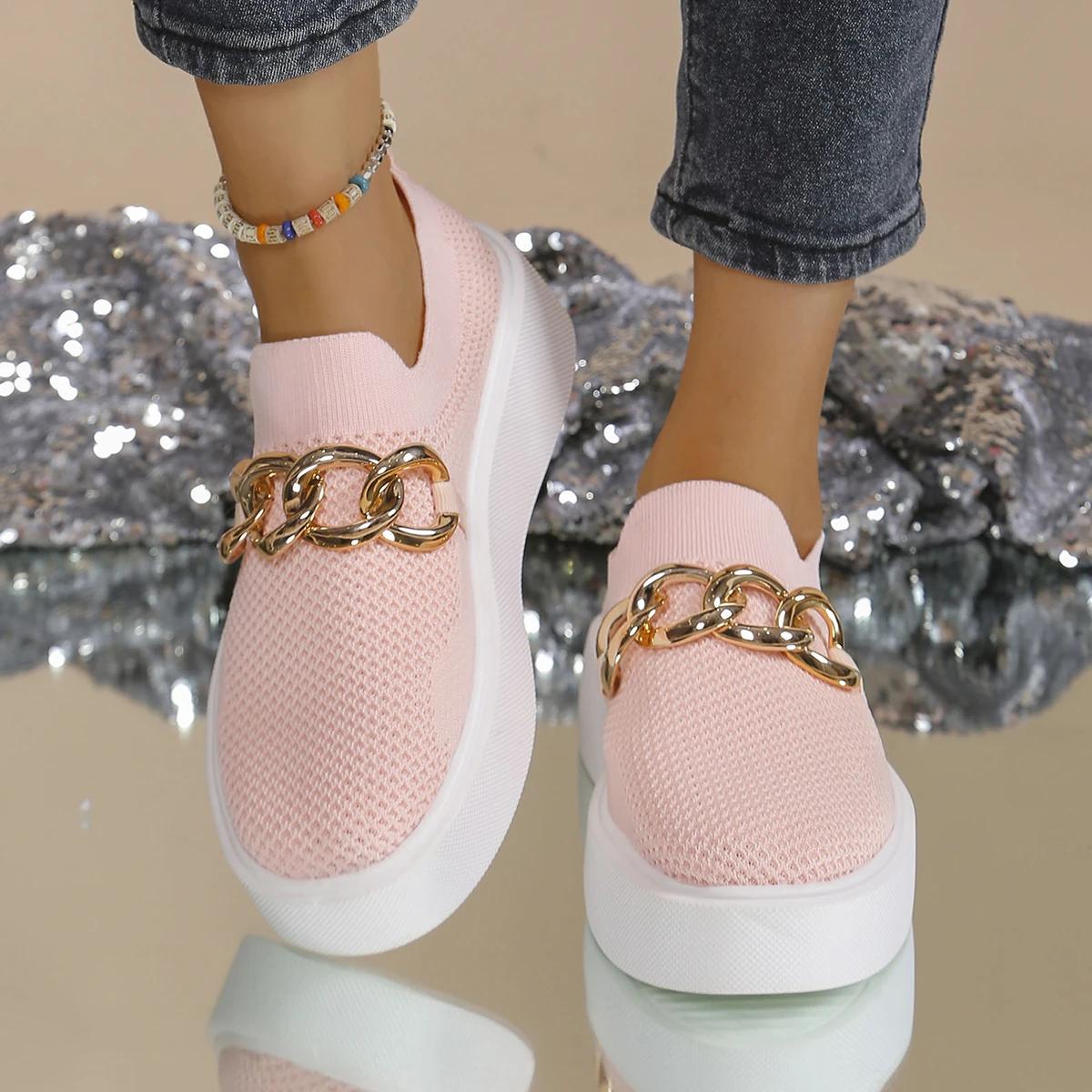 

Fashion New Sports Shoes for Women, Spring and Autumn Thick-soled Flat Shoes, Metal Chain Decoration, Breathable and Comfortable Shoes 38 рожевий