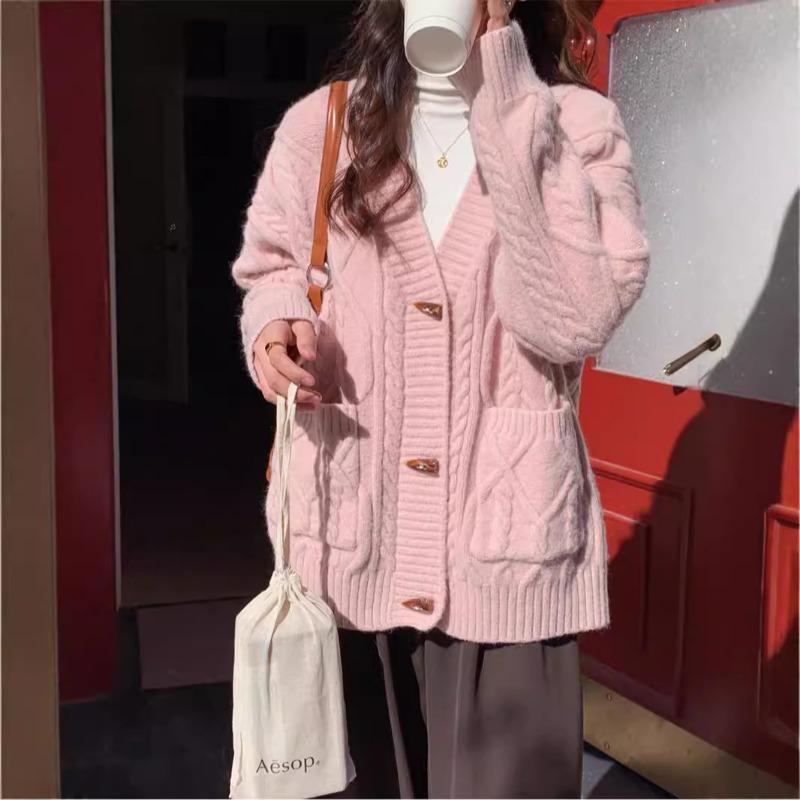 Retro horn button sweater jacket for women's autumn and winter new loose and lazy style versatile casual twist knitted cardigan for women